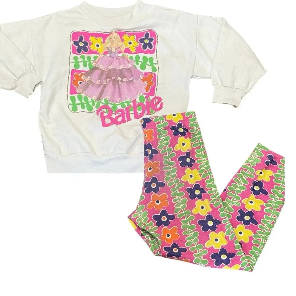 Vintage 1991 Barbie Floral Sweatshirt & Leggings Matching Set Girls Large or 6/7